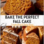 Moist pumpkin chai spice cake slice dusted with cinnamon surrounded by fall leaves.